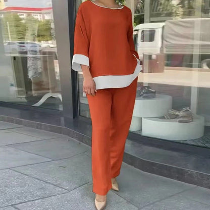 Gât rotund elegant cu mânecă lungă și pantaloni cu picior drept Set