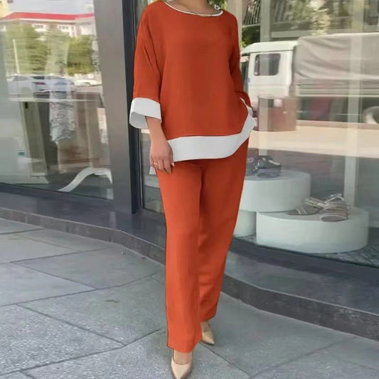 Gât rotund elegant cu mânecă lungă și pantaloni cu picior drept Set