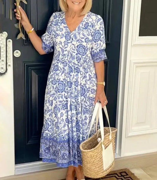 Rochie imprimată cu decolteu în V, elegantă și stilată