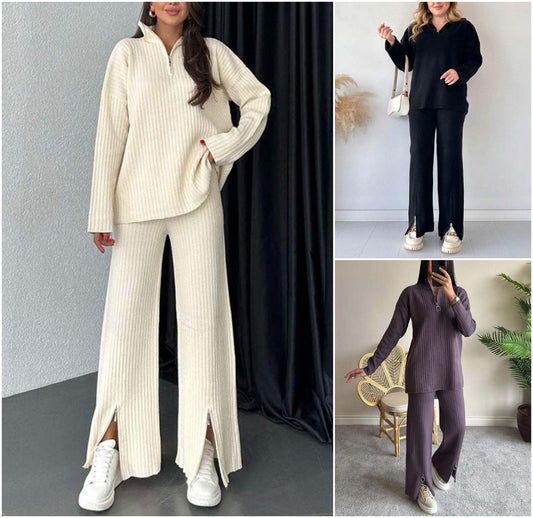 Set din două piese pentru femei Comfort Ribbed Knit Slit