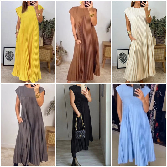 2025🔥 Rochie monocromă simplă plisată fără mâneci