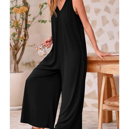 Femeii Casual V-neck fără mâneci Wide Leg Jumpsuit