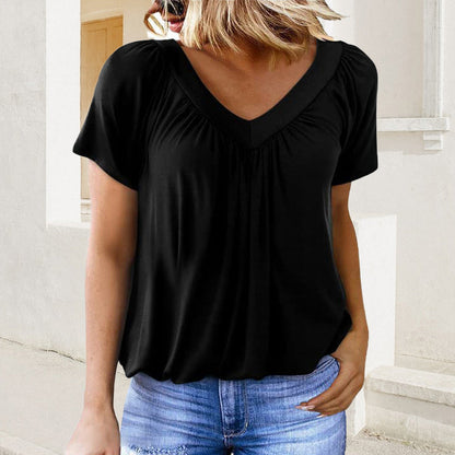 🌸Damska plisowana koszulka z krótkim rękawem z dekoltem w szpic【S-2XL】